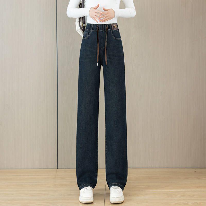 Velvet Elastic Waist Lambswool Jeans: Loose Winter High Waist, Stretch, Plus Size, Thickened Straight-Leg Pants (75-200)