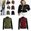 Stylish Womens Classic Padded Bomber Jacket Vintage Zip Biker Coat Long Sleeves