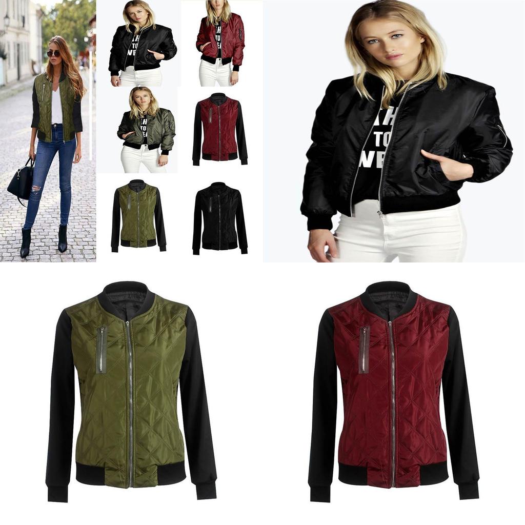 Stylish Womens Classic Padded Bomber Jacket Vintage Zip Biker Coat Long Sleeves