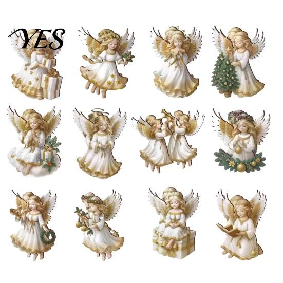 Wooden Angel Ornaments 24 Pcs Victorian Style Hanging Set, Golden Wings & White Dresses, Vintage Pendant Decorations Tree with Various Poses,