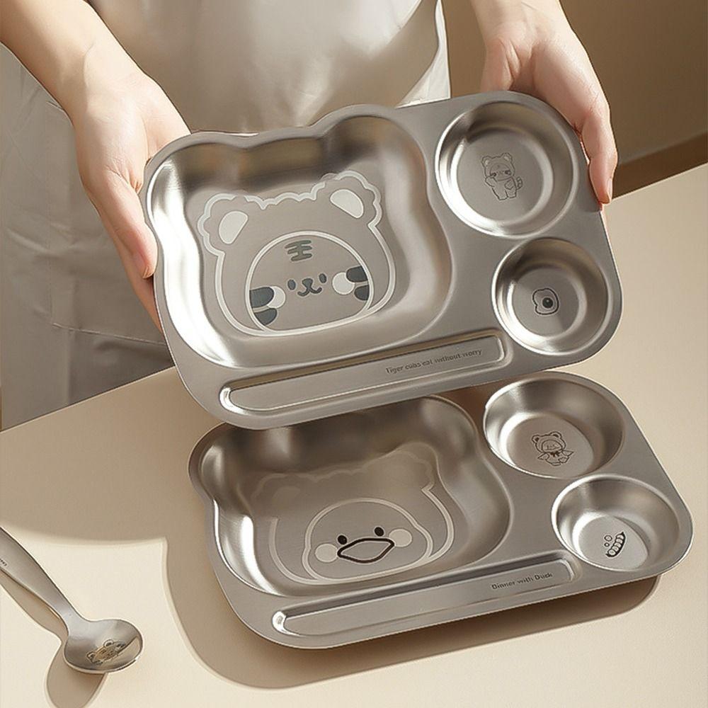 Multi Grids Children Divided Dinner Plate Square Shaped Stainless Steel Plate Kindergarten School