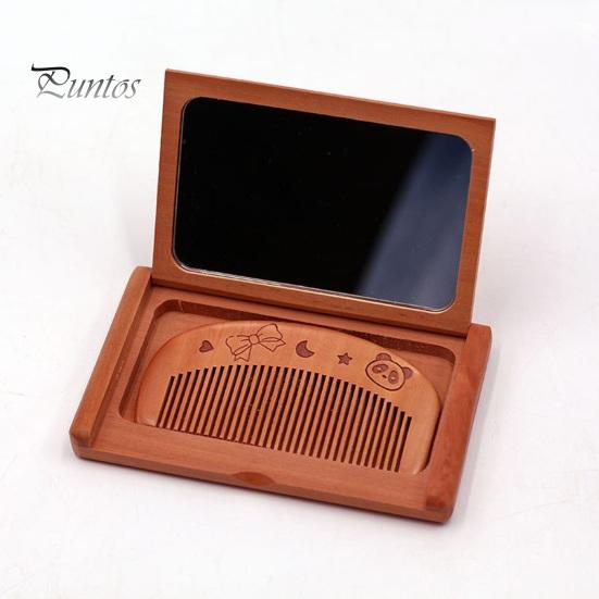 Mini Comb Mirror Set Compact Wood Pocket Mirror with Comb Portable Makeup Hairstyling Vanity Mirror with Wooden Comb