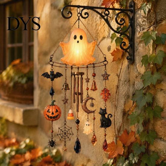 Einzigartige Halloween-Geschenke für Freunde Leuchtender Geister-Windspiel, Leuchtendes Hängedekoration mit Kürbis Fledermaus Veranda Dekoration Spinnen-Anhänger,