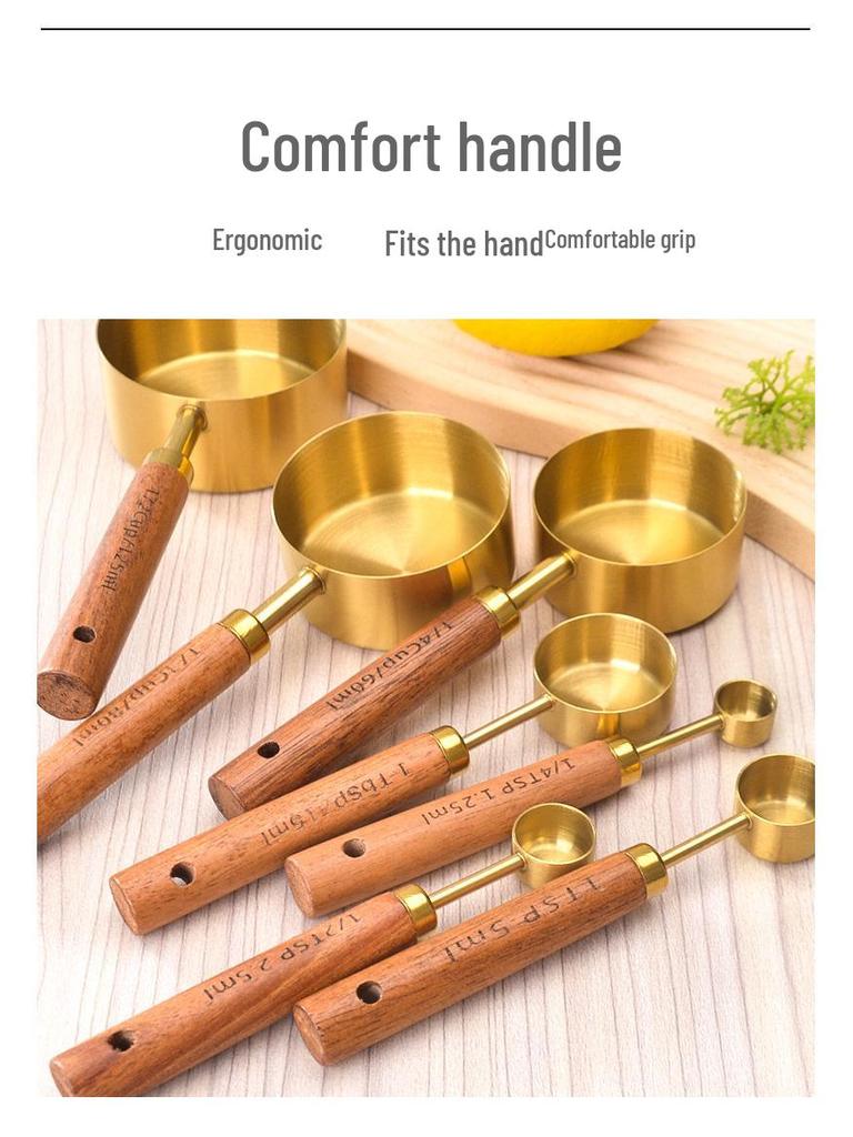 Stainless Steel Gold-Plated Measuring Spoons & Cups with Acacia Wood Handles, Precise Markings, 8-Piece Baking Tool Set.