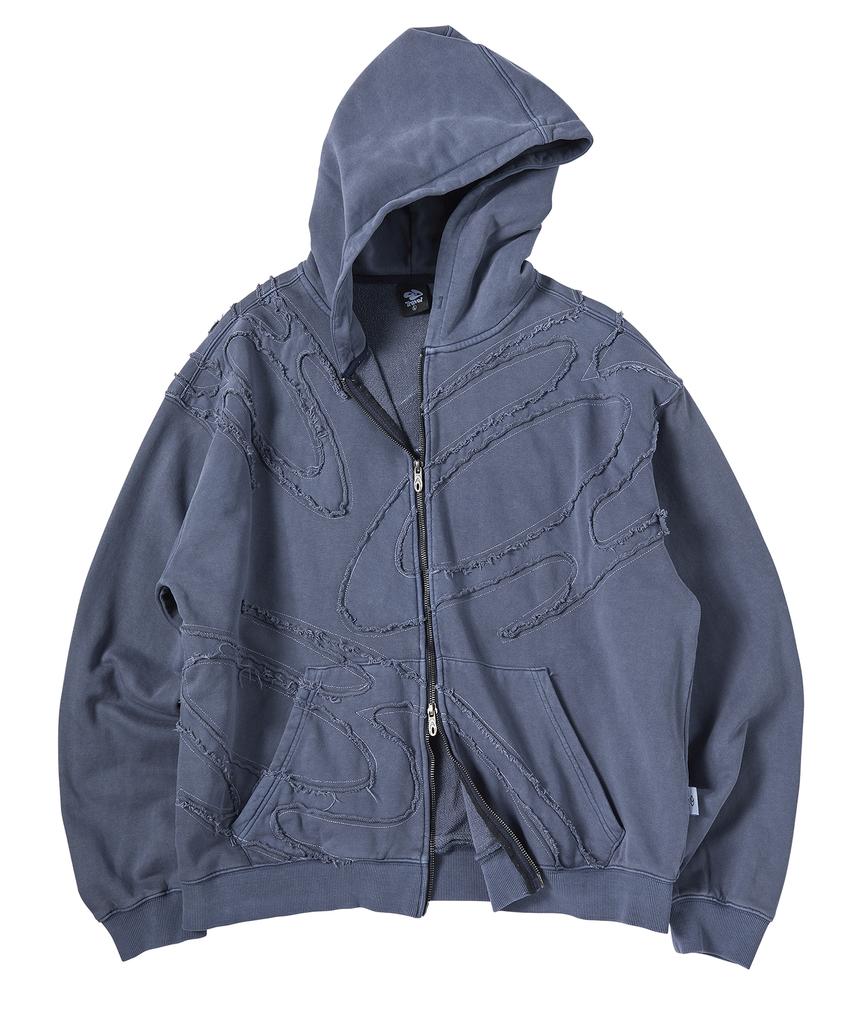 Travel Logo Applique Pigment Zip-Up Hoodie Blue Shadow