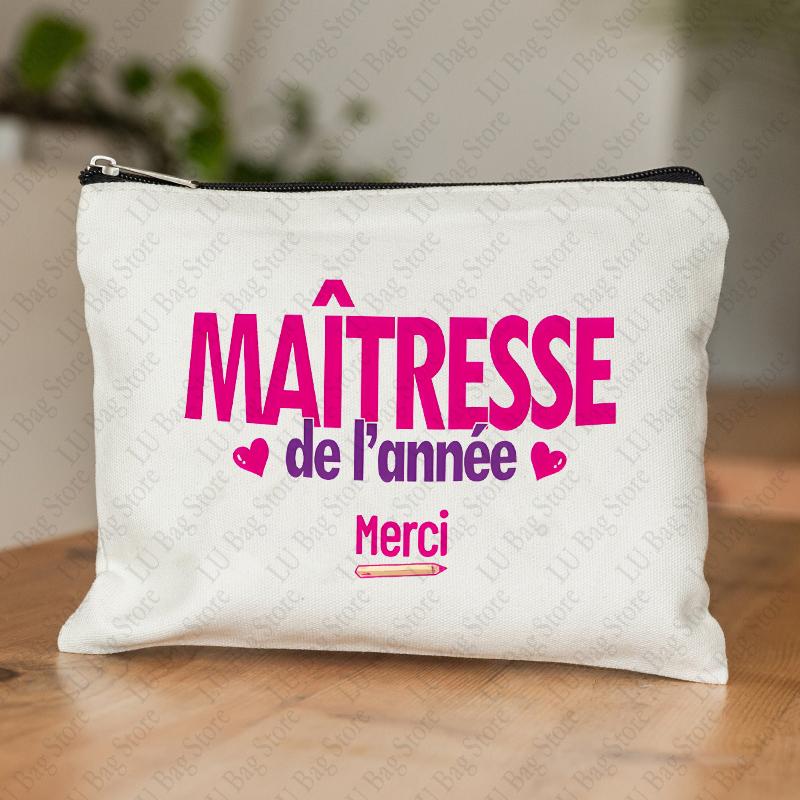 Teacher Theme Women Makeup Bag Maitresse Inspired Cosmetic Case with French Style Design Educational Motif Wallet Work or School