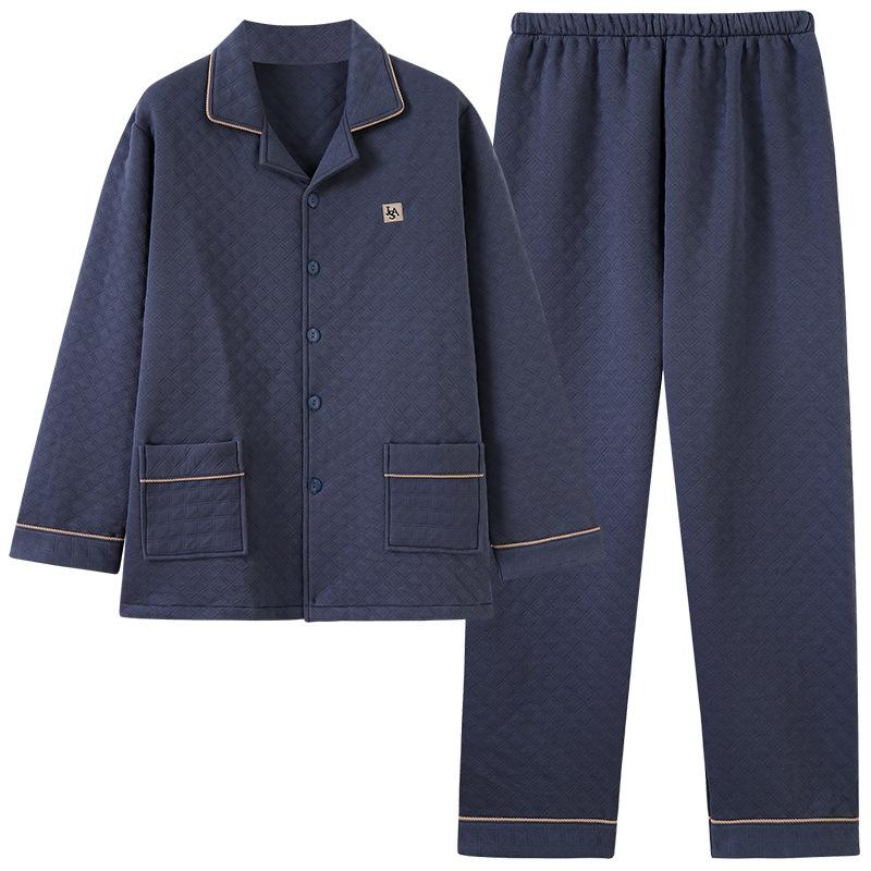 Pajamas Men'S Autumn And Winter Thickened Pure Cotton Long Sleeve Air Cotton Interlayer Homewear Winter Warm Large Size Cotton Set