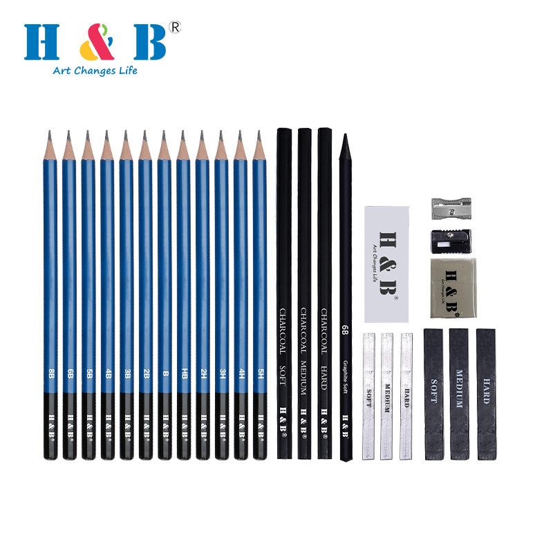 26-Piece Beginner Sketch Pencil Set Raw Wood Drawing Pencils, PVC Carrying Case, Complete Art Kit with Brushes & Tools