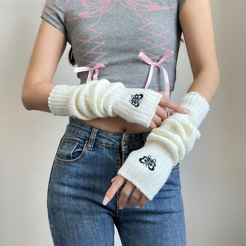 

Перчатки без пальцев для милой девушки, панк-вязаные, длинные рукава, милые варежки Лолиты с отверстием для большого пальца, аксессуары для косплея