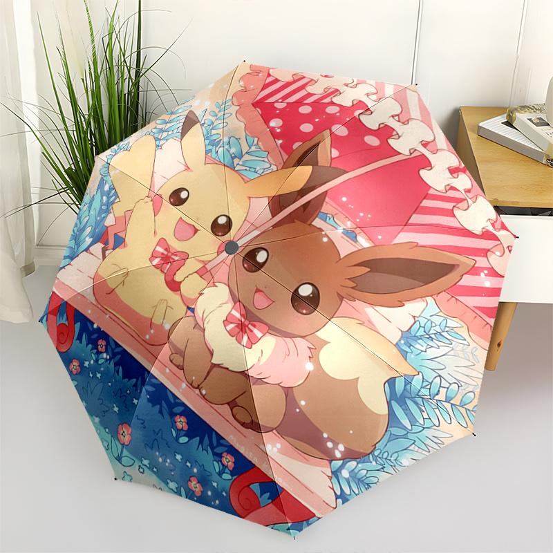 1pc Pikachu & Eevee Cute Automatic Folding Umbrella - Portable 3-Fold Design with 8 Iron Ribs, Outdoor, for Fans, Travelers, Daily Use, Festive G