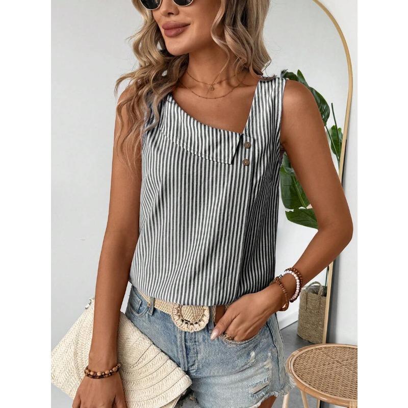 Ärmellose Gestreifte Schräger Halsausschnitt Damenbluse Neues Damen Casual Lockeres Oberteil Einfach Elegant Mode Süßes Büro-T-Shirt Streetwear Knöpfe Kleidung