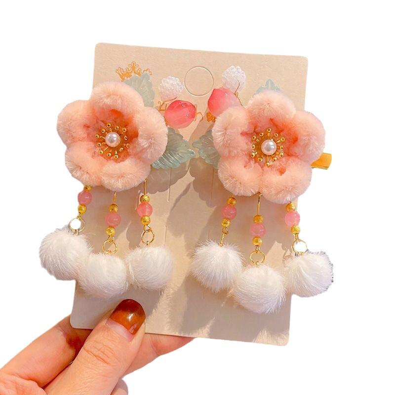 Red New Year Hanfu Hair Clips for Girls - Chinese Style Floral Headwear