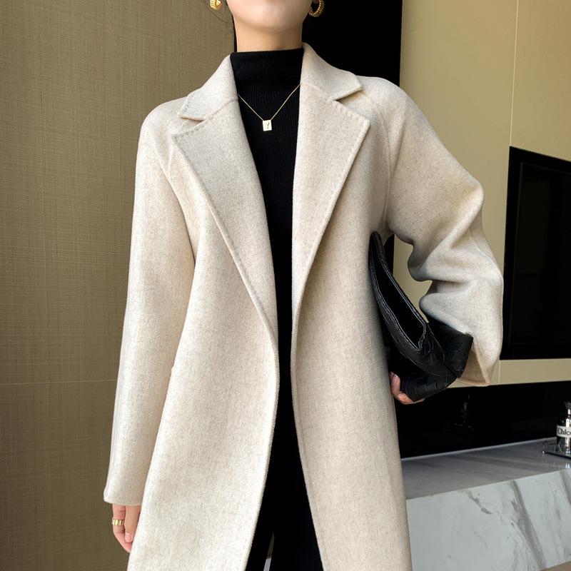 Women's High-End Double-Faced Wool Coat - New Autumn/Winter Style, Loose Mid-Length, Tie-Waist, 100% Wool Fashion Coat.