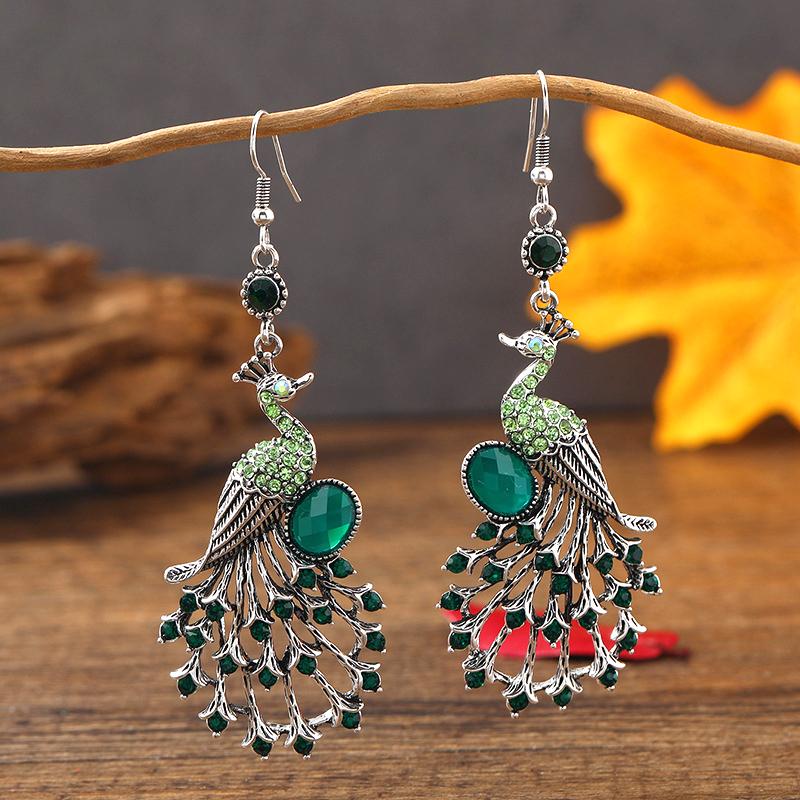 Vintage Ethnic Colroful Rhinestone Peacock Dangle Earrings For Women Long Classic Silver Color Animal Earrings Female Jewelry
