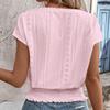 Women Tops V-Neck Short Sleeve Jacquard Decoration Pullover Tops Solid Color Loose Fit Elastic Hem T-shirt