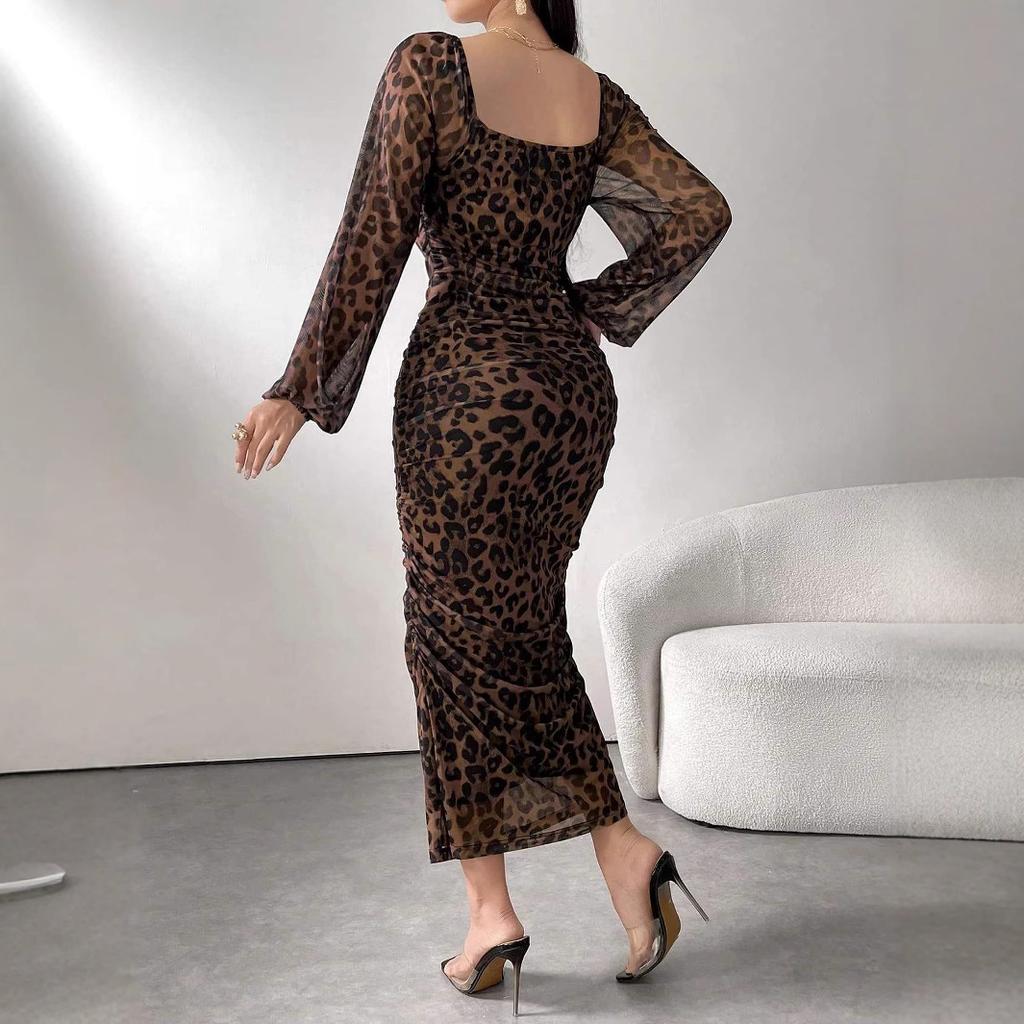 Spring European and American TK new leopard print mesh cloth printed square neck long sleeve ruffle edge dress hot search
