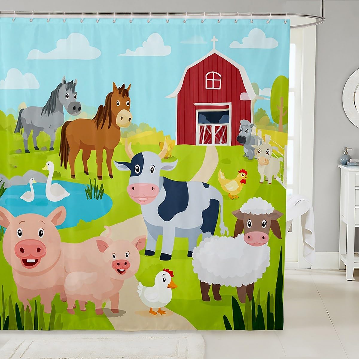 

Farm Animal Shower Curtain Cartoon Barn Horse Cow Pig Sheep Duck Chicken Kids Theme Bath Decor Waterproof Fabric Home W60H190(CM)-1 Pcs