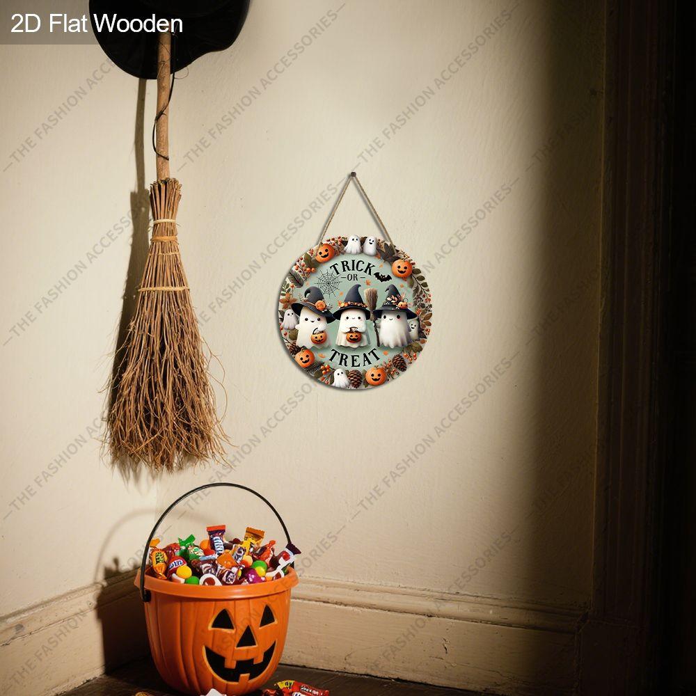 Trick Or Treat Cute Ghost Witch Hat Round Wooden Hanging Sign, 2D Flat Printed Halloween Front Door Decor, Pumpkin Spiderweb Fall Wall Ornament Gift