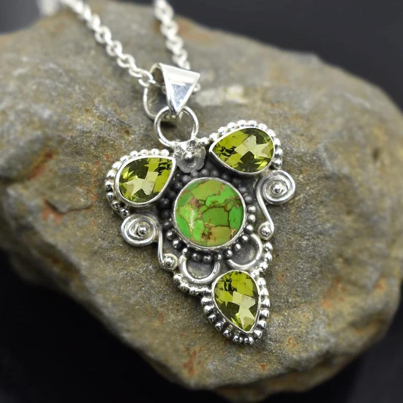 Natural Peridot & Green Copper Turquiose Gemstone Necklace 925 Sterling Silver Necklace Handmade Wedding Christmas Jewelry Necklace - 10.5 Wt Aprox