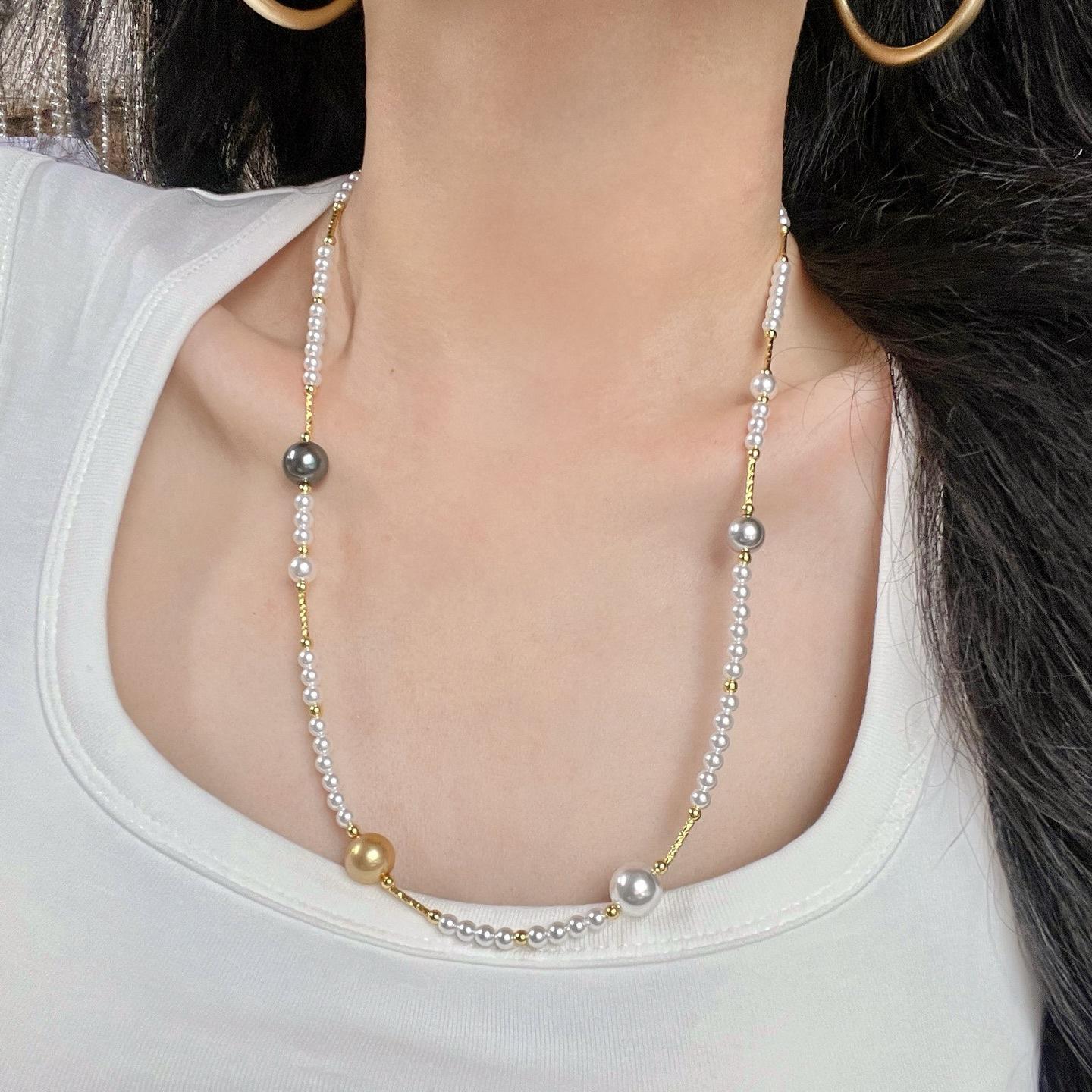 Strong Light High Quality Platinum Gray Thick Gold Cold White Mixed Color Artificial Crystal Pearl Necklace