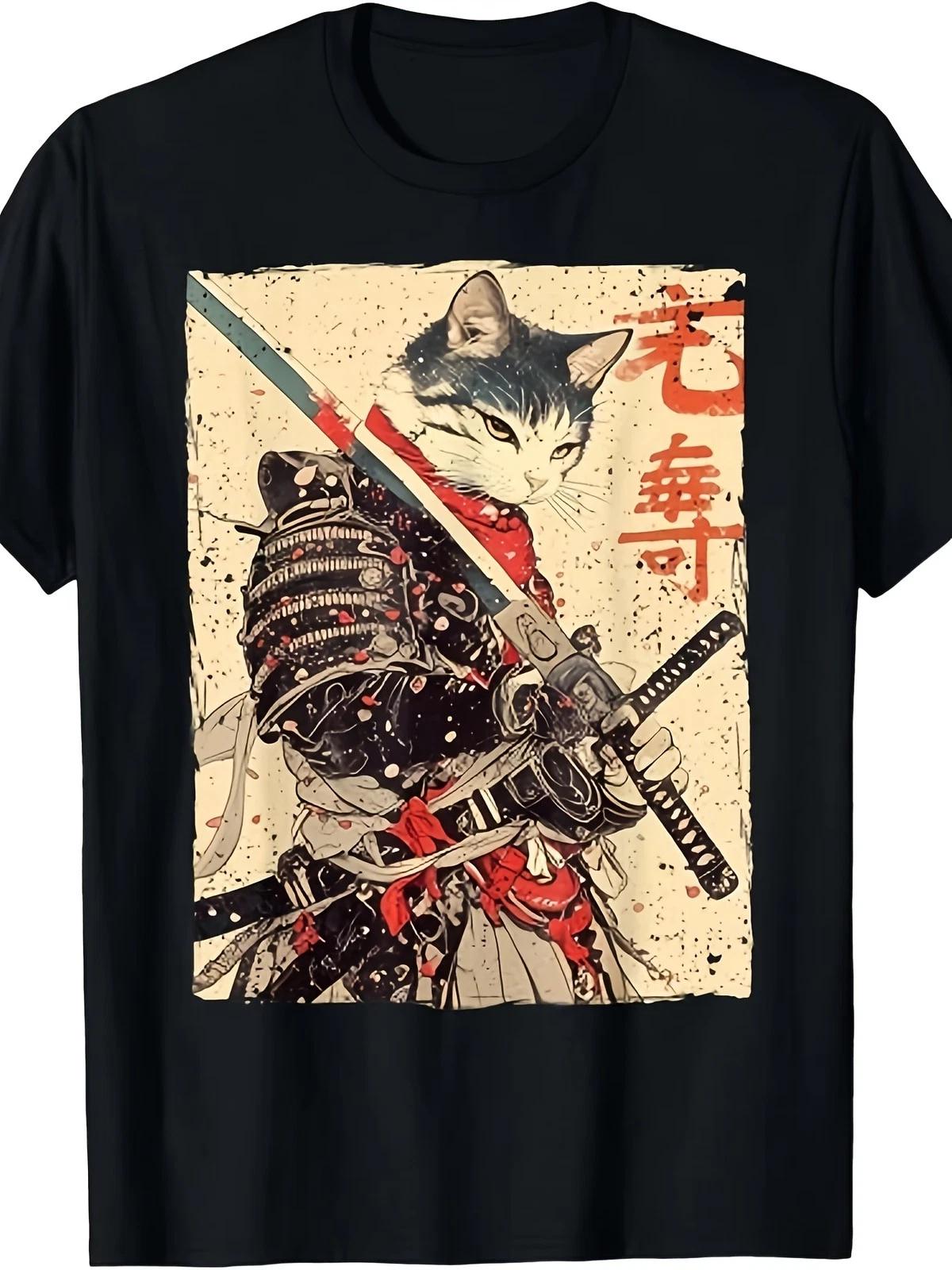Samurai Cat Warrior Graphic T-Shirt Ukiyo Ink Japanese Art Tee S