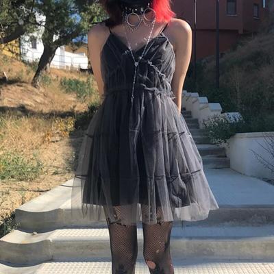 AltGoth Dark Gothic Mesh Dress Women Fairy Grunge Vintage Punk Strapless High Waist Dresses Harajuku Mall Goth Emo Alt Partywear