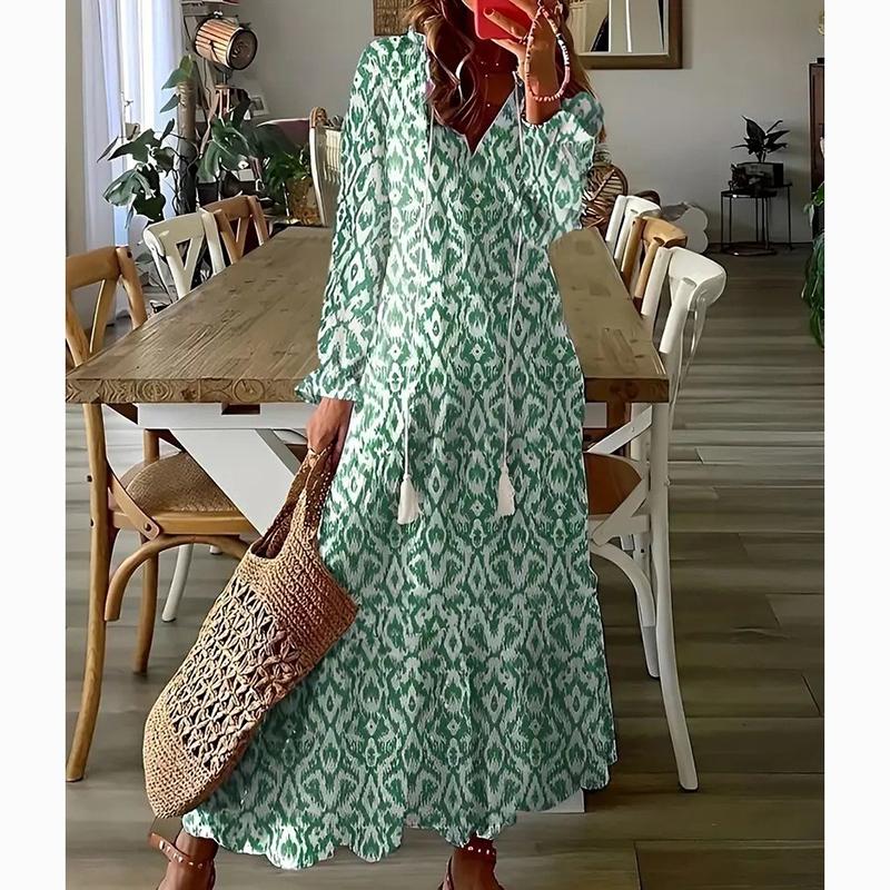 Elegante, lockere, bedruckte Freizeitkleider mit V-Ausschnitt für Damen, übergroßes langärmeliges Kleid für Damen, modisch, elegant, Vintage, Übergröße, Damenkleid 24220