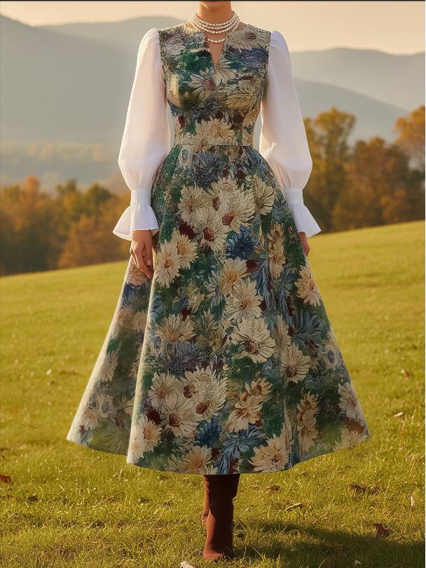 

2026 Retro Printed V-Neck Long Sleeve Women s Dress, Casual Vacation Style Large