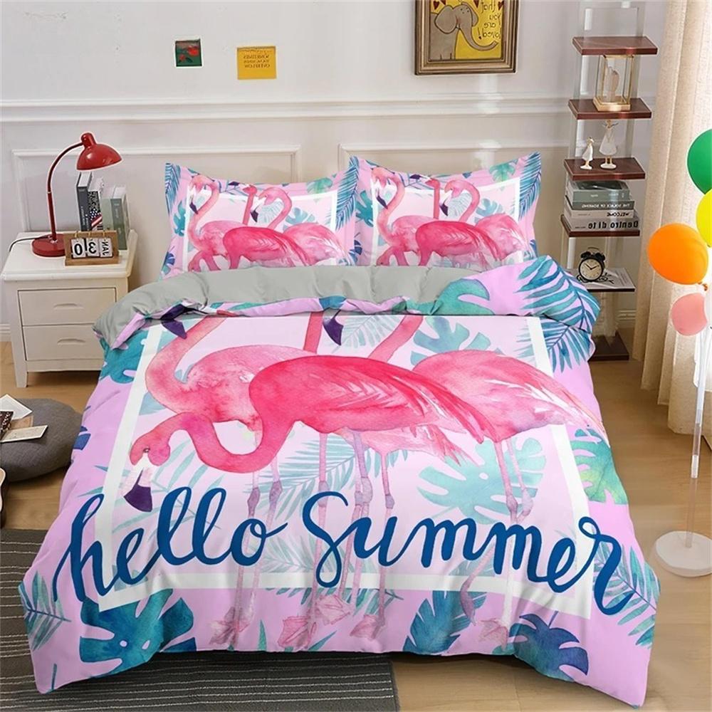 Animal Flamingo King Queen Duvet Cover Cartoon Pink Tropical Bird Bedding Set for Kids Teens Aduls Blue Soft 2/3pcs Quilt Cover