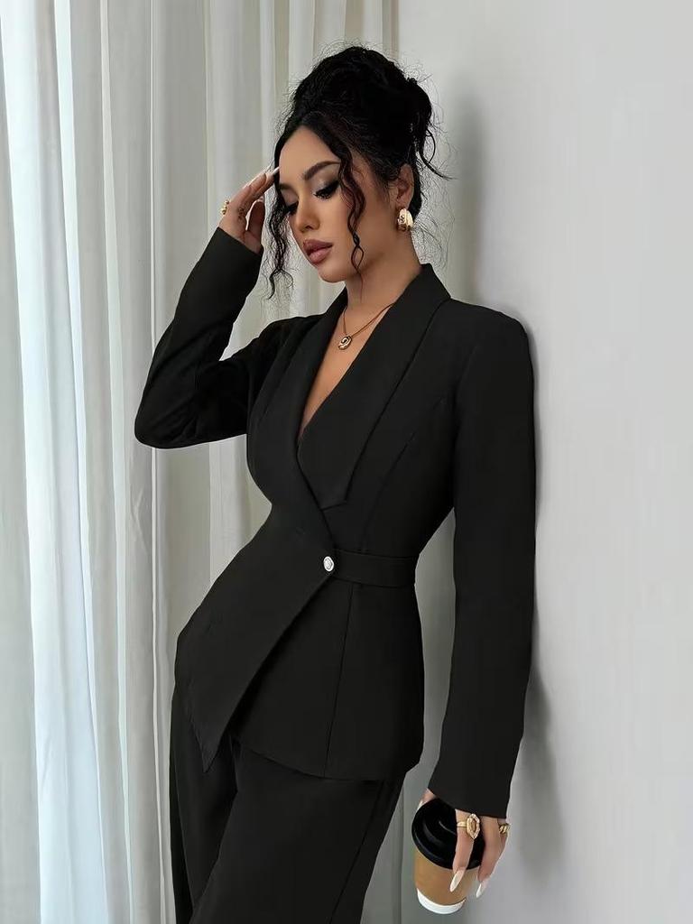 Women's European & American Spring/Autumn Fashion V-Neck Long Suit with Wide-Leg Pants Set