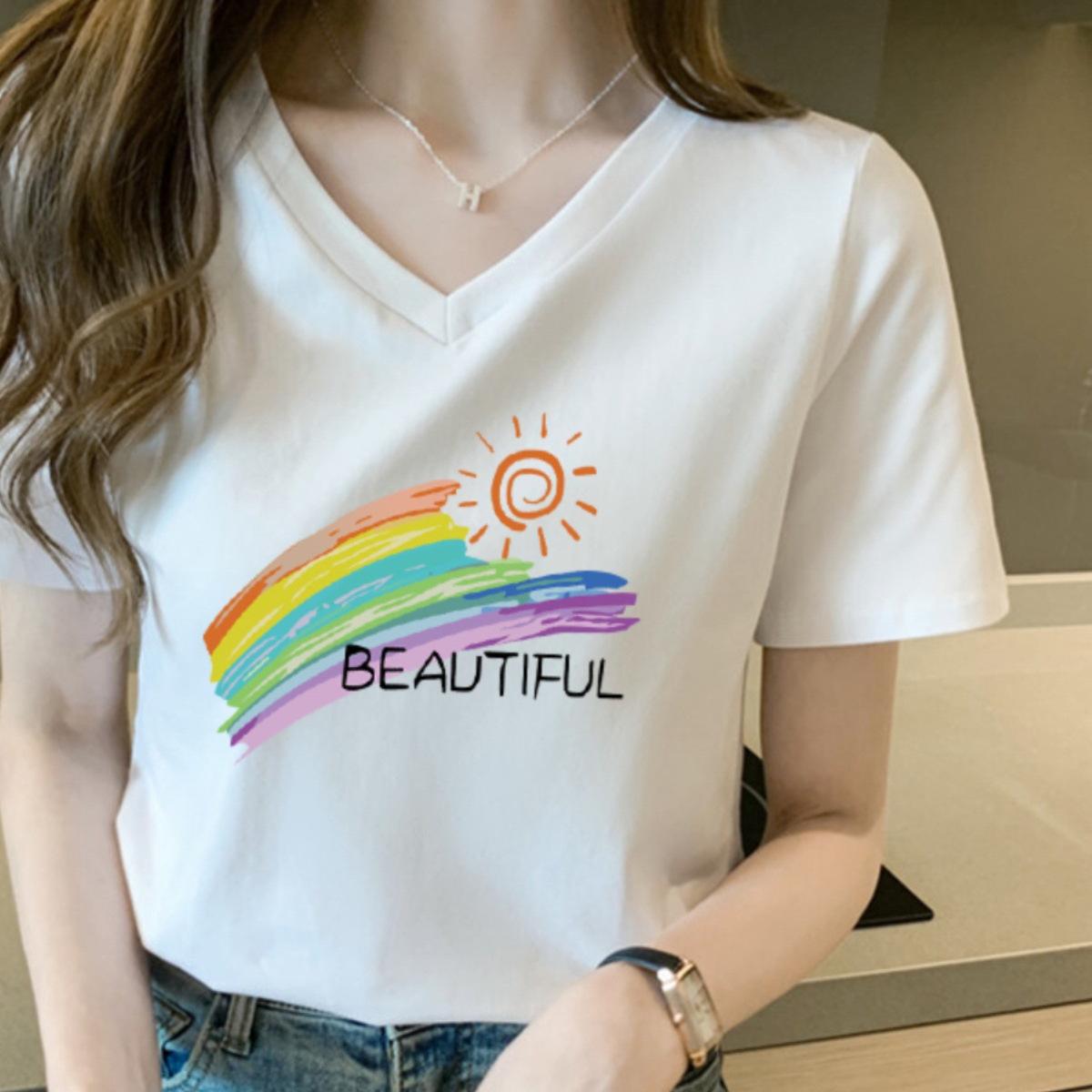 

2025 European Style Women s Rainbow V-neck Short Sleeve Pure Cotton Slimming White T-shirt XXL