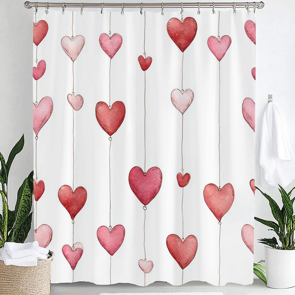 1Pc Romantic Pink Love Print Waterproof Shower Partition Privacy Hanging Curtain With 12 Hooks Multiple Size Machine Washable