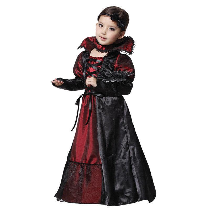 Vampire Costume Maxi Long Dress Kids Girls Halloween Witch Fancy Dress Party