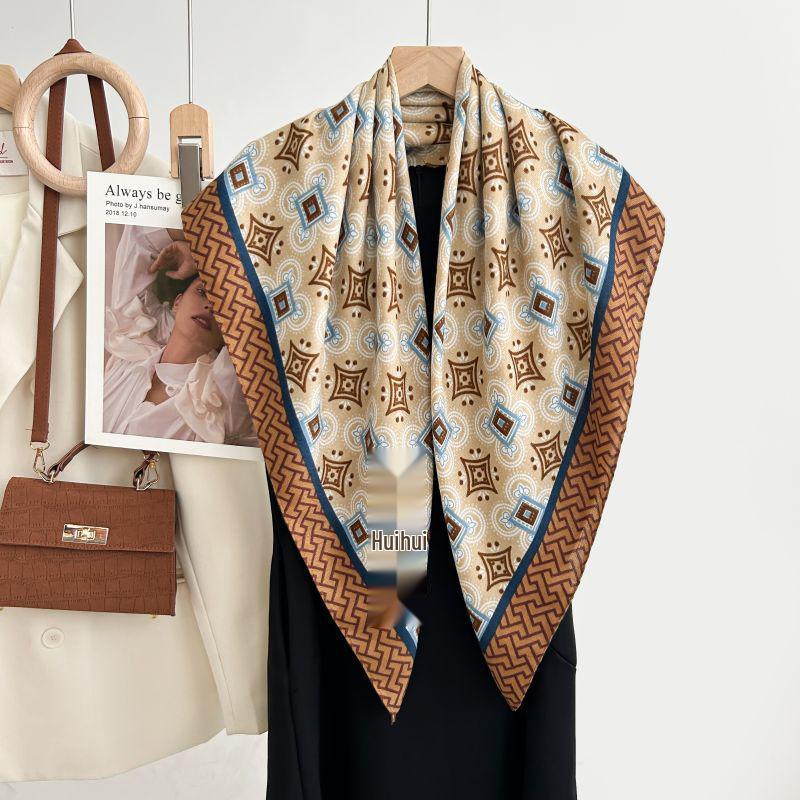 Quadratischer Schal im koreanischen Stil mit weißem Blumendruck - Weich, elegant, hautfreundlich, warmer Fischgrät-Schal für Herbst und Winter