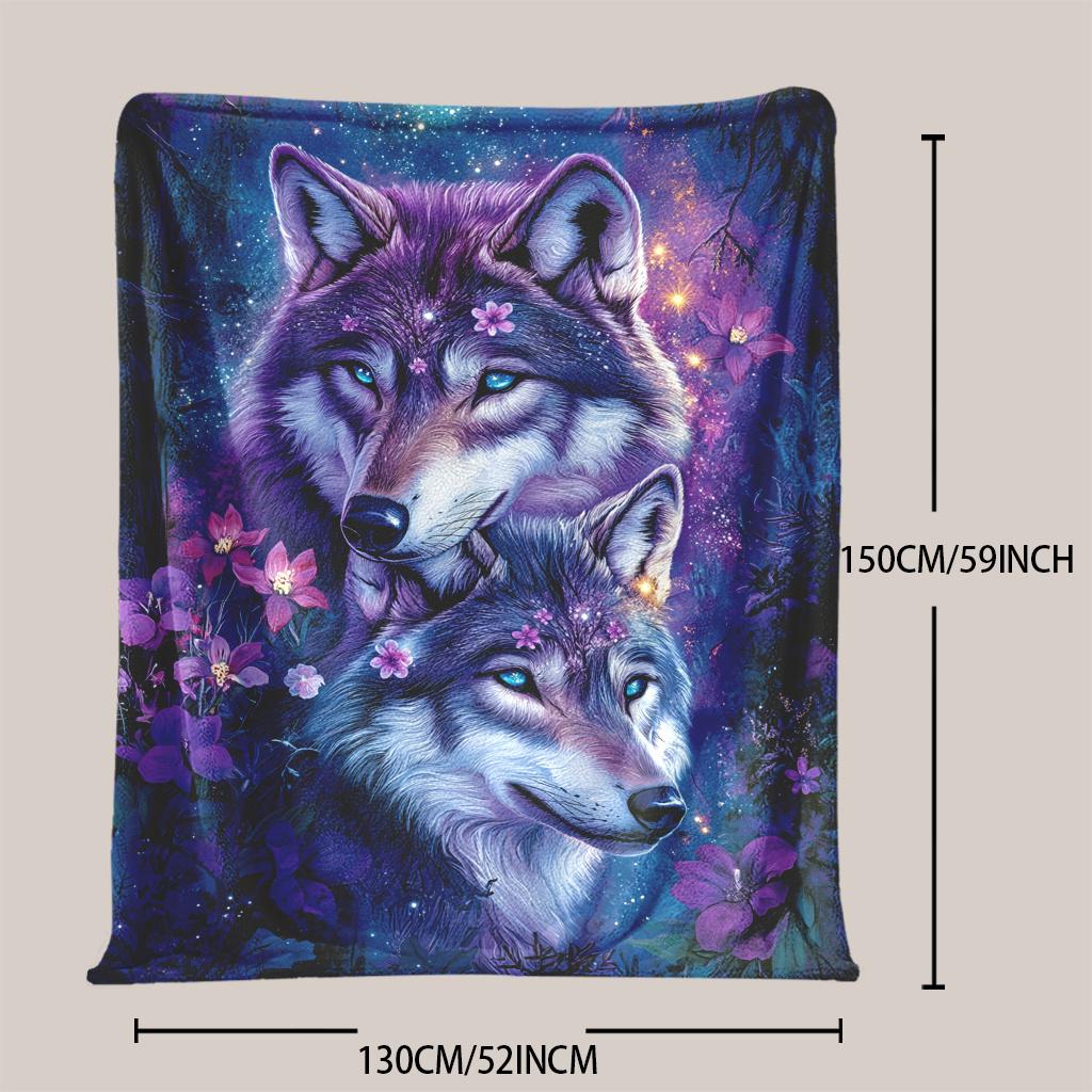 Two Wolves and Floral Patterns Flannel Printed Blanket Suitable for All Seasons Suitable for Living Room Office Sofa and Travel