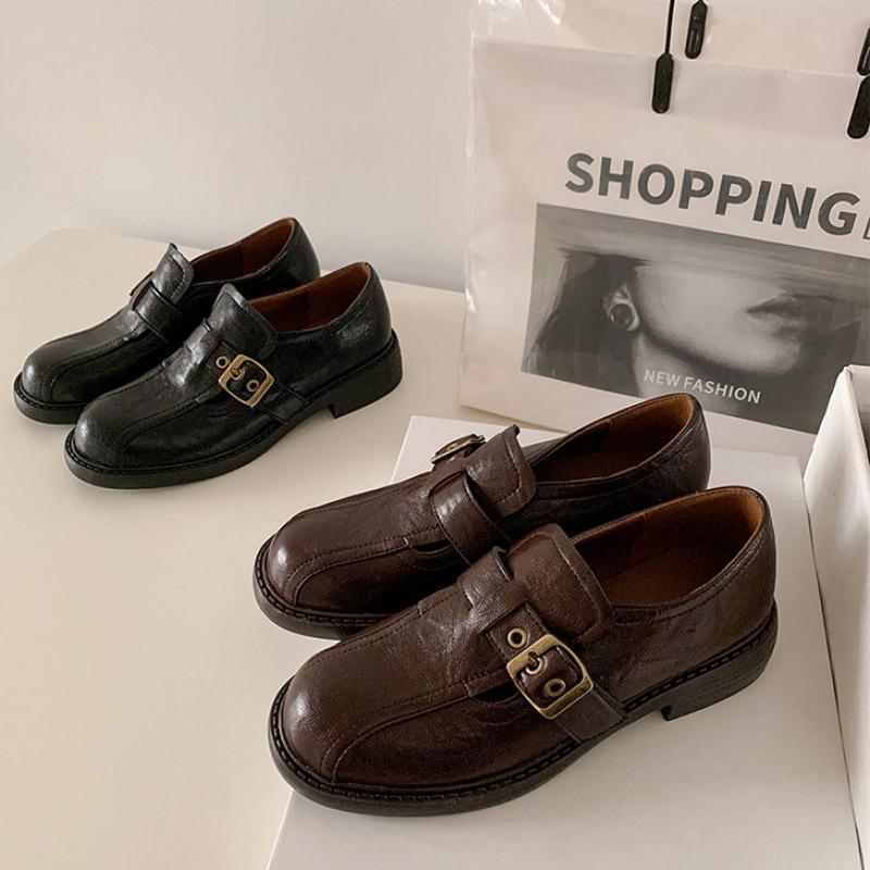 New round head thick sole leather loafers non-slip casual solid color foot cover low-top cowhide women's shoes four seasons single shoes women