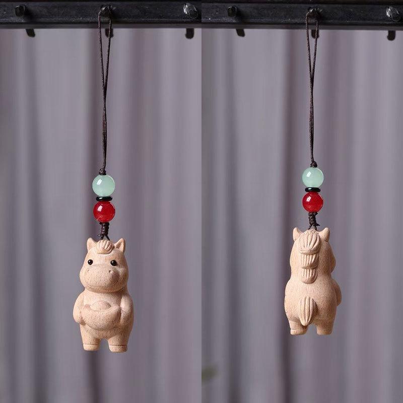 Beech Wood Zodiac Horse Keychain Pendant - Cute Foal Cartoon Mascot Phone Lanyard