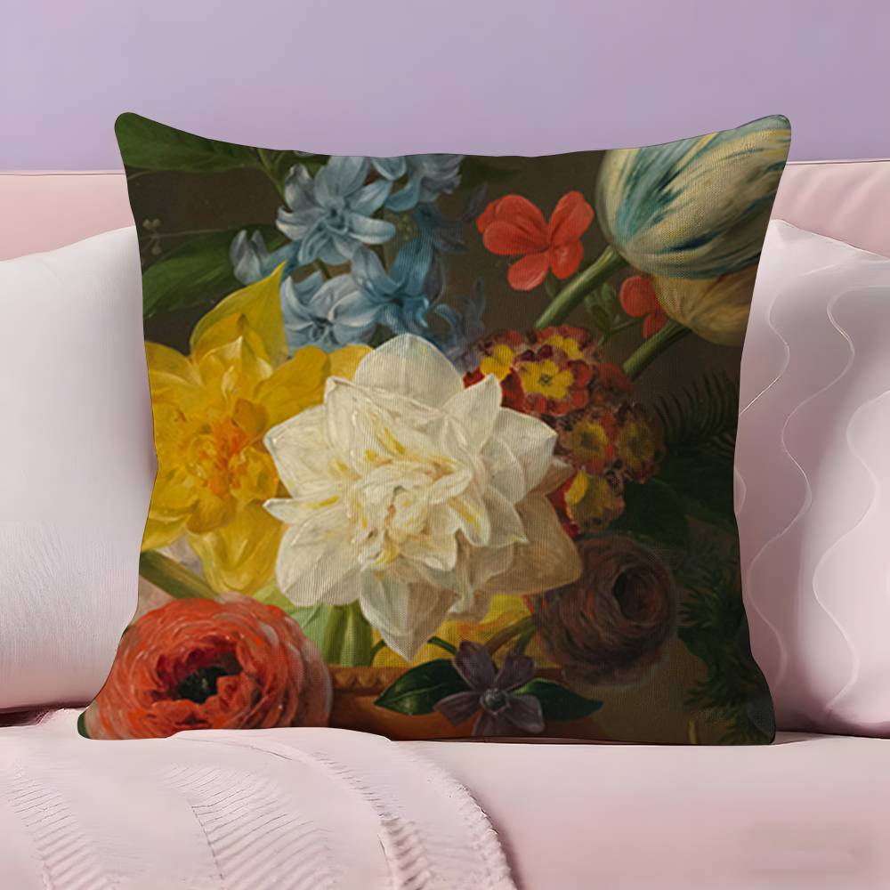 Beautiful Oil Painting Flowers Pillow Case Anti-dustmite Pillowcase Invisible zipper silky short plush Sofa cushion cover