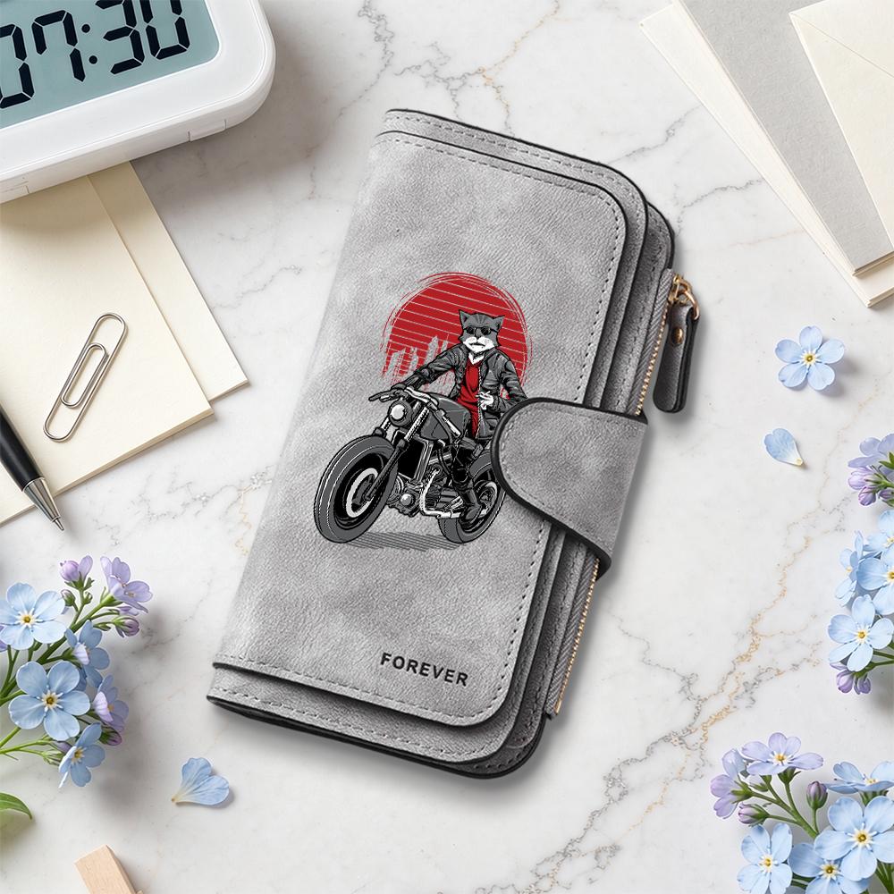 Cool Cat Biker Pattern Long Wallet PU Leather Multi Card Slot Fashion Clutch Purse