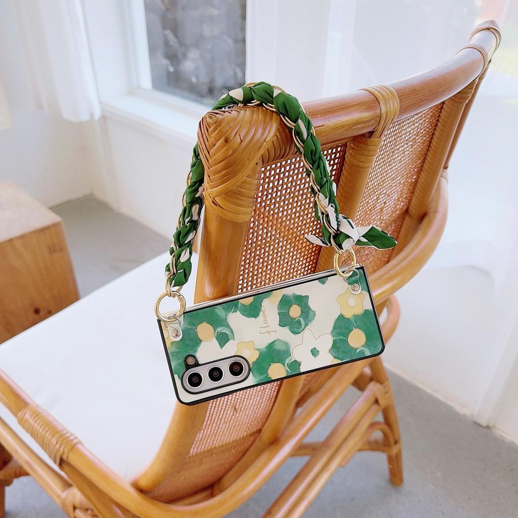 PU Leather Flower Cover with Hinge Protection & Scarf Wrist Chain Strap Bracelet For Samsung Galaxy Z Fold 6 5 4 3 5G Phone Case