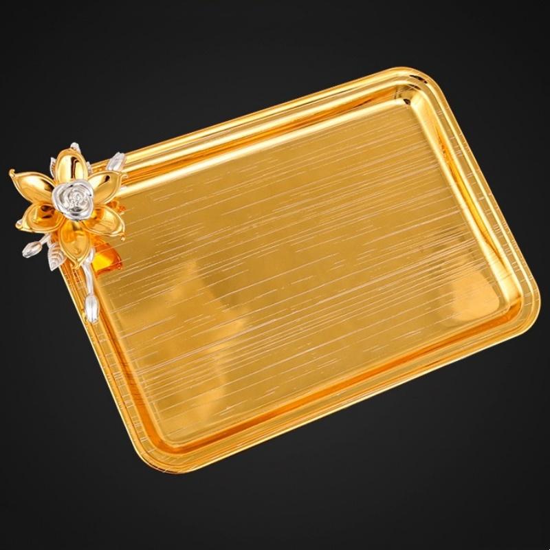 Fruit Plate,Alloy Flower Inlaid Gem Shape Plate,Polishing Golden Snack Disc,Candy Food Plate Home Wedding Desktop Decoration