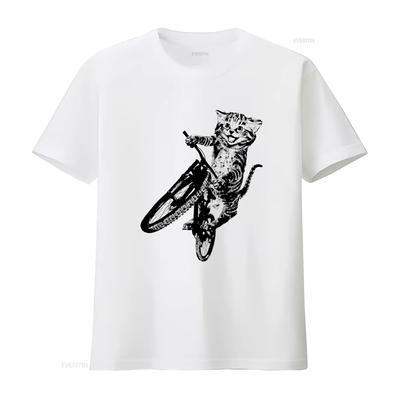 Cat Riding A Bicycle Unisexs T Shirt Kitten Wheelie Eco Friendly Fashion Guys Apparel Vintage Washed Soft Comfortable Vintage