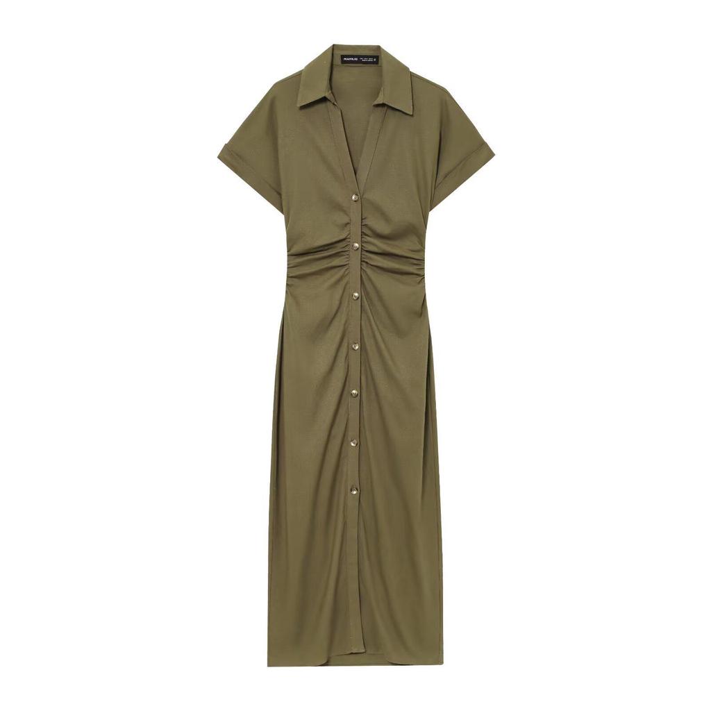 Women's Summer 2025 Linen Blend Slim Fit V-Neck Midi Dress