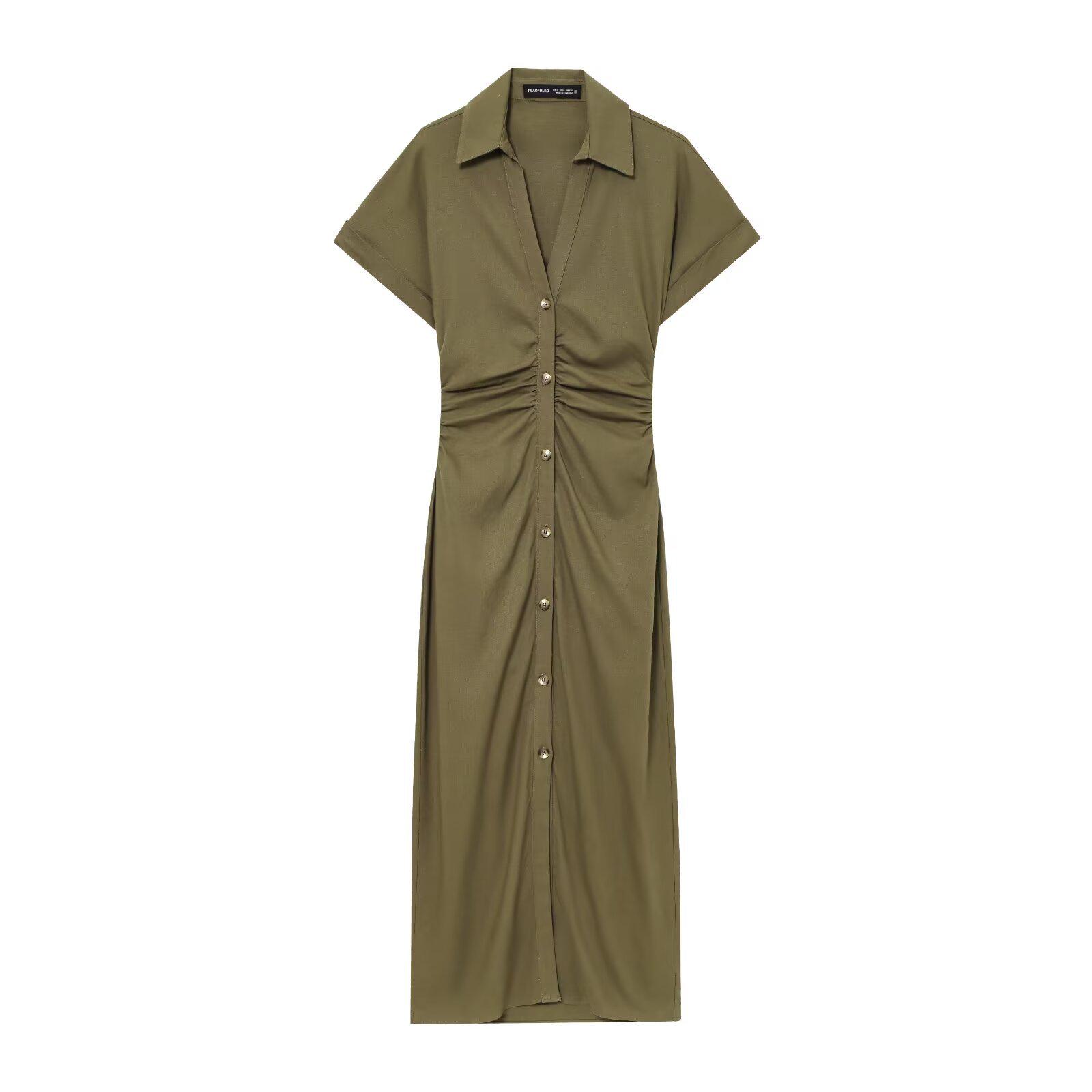 

Women s Summer 2025 Linen Blend Slim Fit V-Neck Midi Dress Small армия зеленый