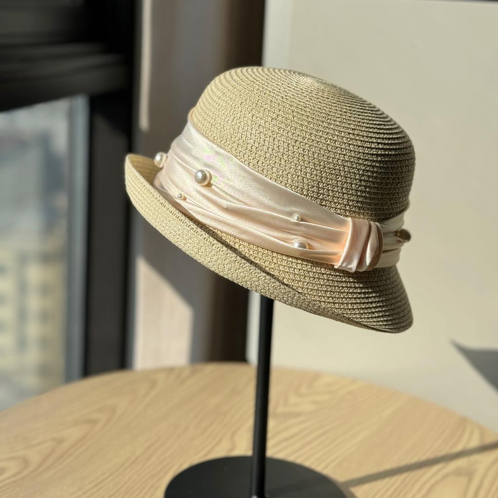 French Pearl Webbing Rolled Up Topper Women's Summer New Beach Seaside Vacation Sun Hat