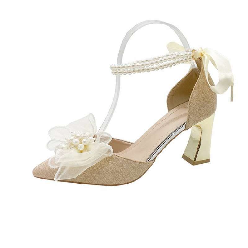 Medium heel stiletto high heels women's sandals 2025 summer new one-word buckle bow single shoes fairy style work shoes
