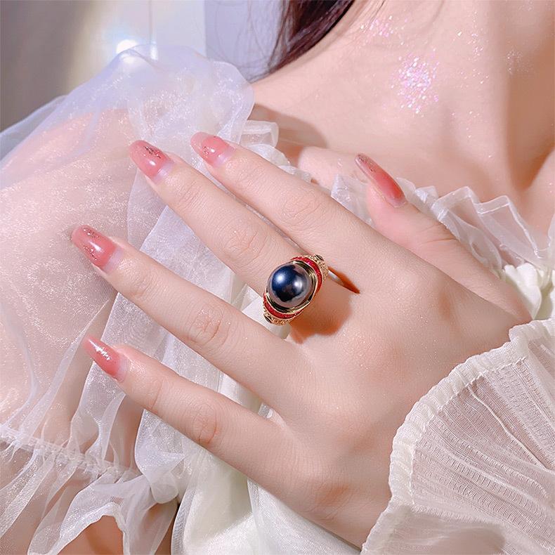 Hua Youmei Gold Plated Luxury Pearl Finger Ring Enamel Zircon Tahitian Grey