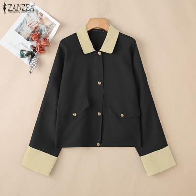 Women Splice Turn Down Collar Casual Long Sleeve Blouse