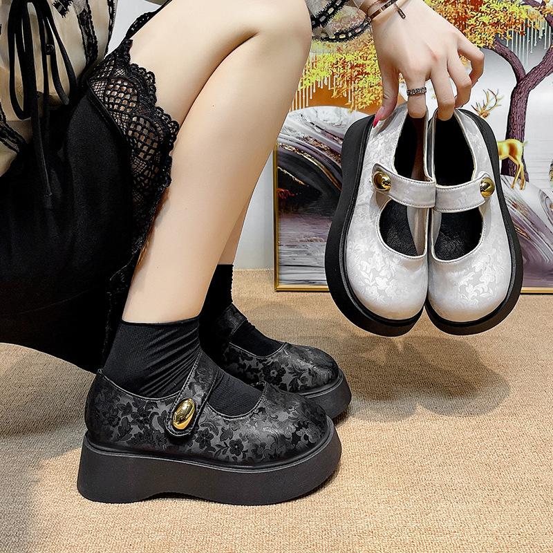 Round Head Printing Gentle New Chinese Thick Heel Mary Jane Shoes Women 2025 Autumn New Fairy Casual Platform Shoes