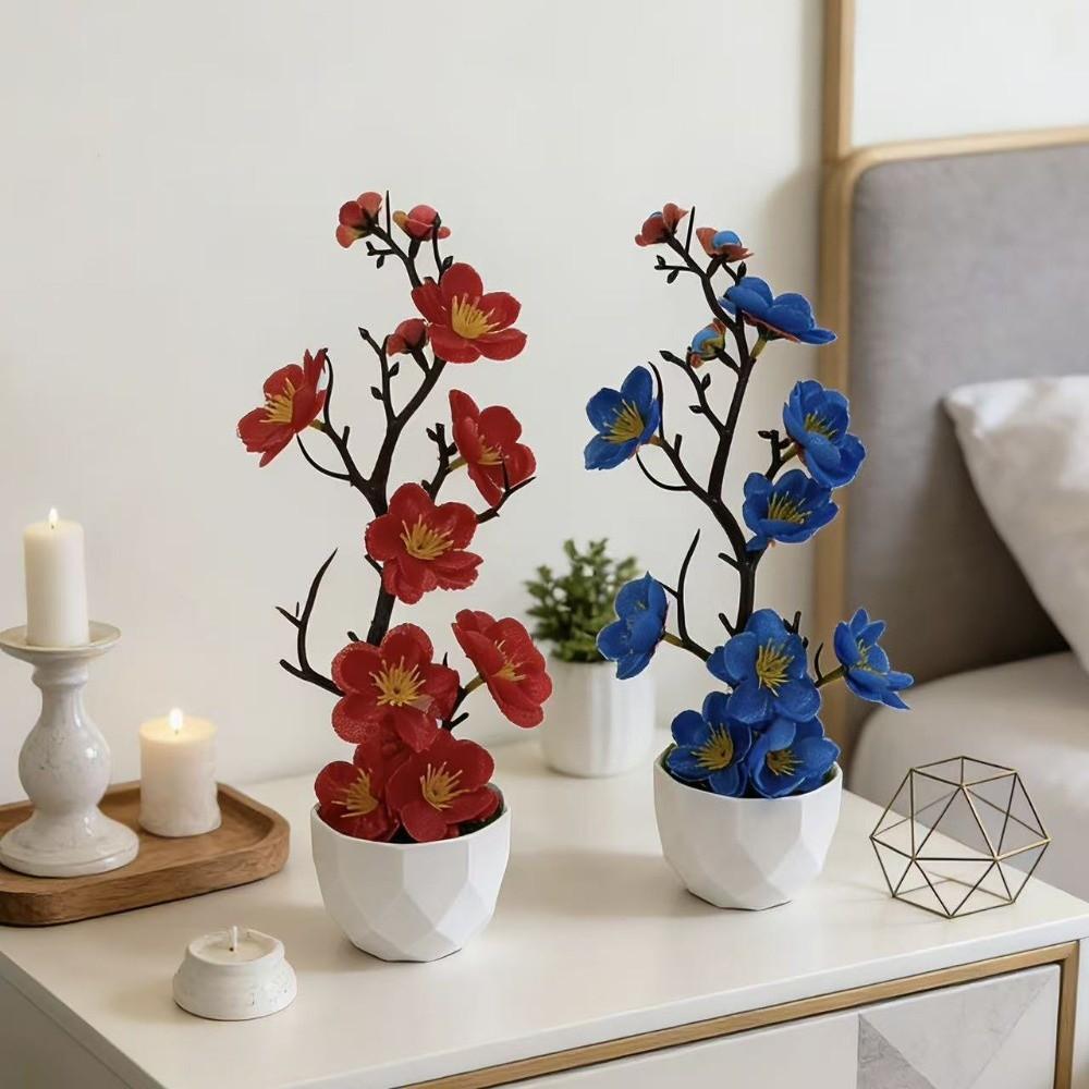 Small Fake Wintersweet Flower Bonsai with White Pot Artificial Faux Plants Indoor Decoration